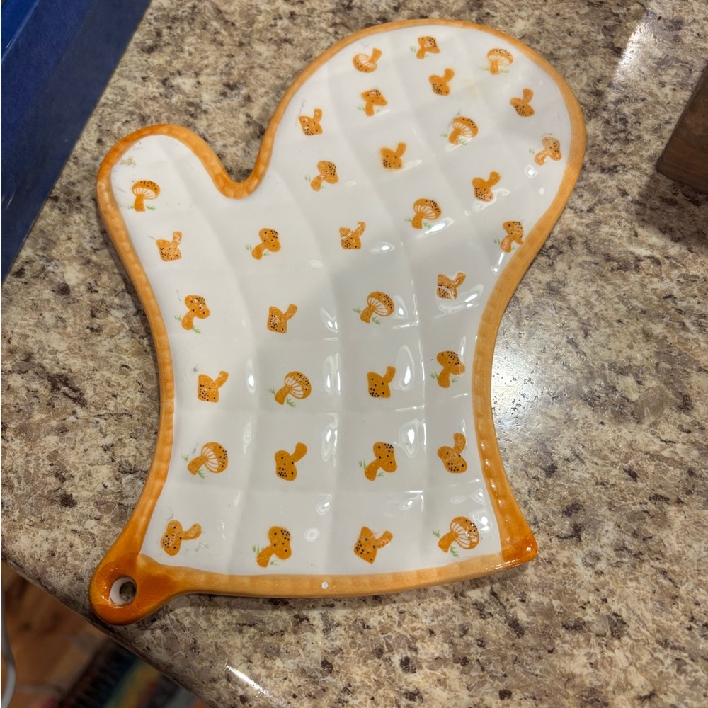 Orange and White Ceramic Oven Mitt Shaped Tray